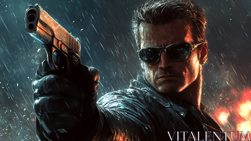 Male figure with handgun in rain, illuminated by streetlight.