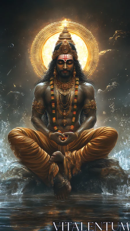 Divine warrior yogi in golden meditation by radiant halo.