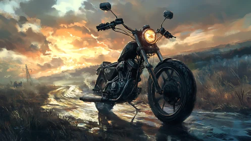 Motorcycle stands on wet rural road under dramatic sunset sky