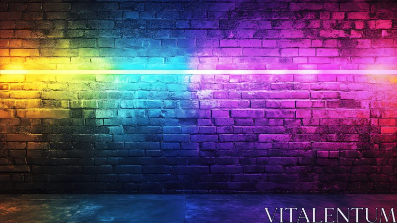 Chromatic neon band illuminating textured brick substrate.