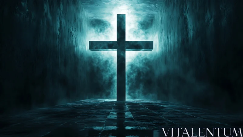 Luminous cross corridor in cinematic volumetric backlight composition.