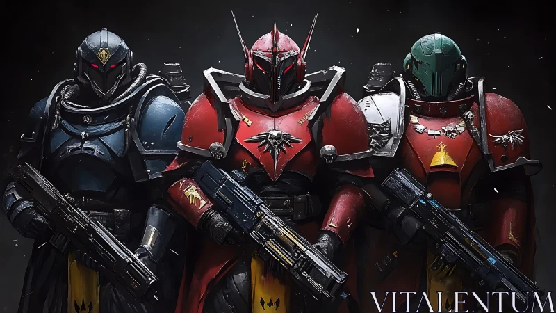 Armored space warriors stand ready in dramatic formation.