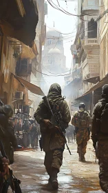 Armed patrol advancing through war torn Middle Eastern alley.