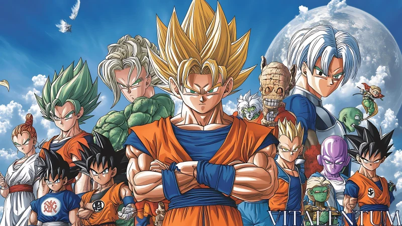 Legendary anime heroes stand united under a bold blue sky