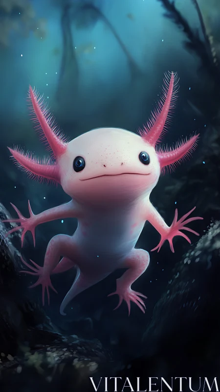 Curious pink axolotl drifts through a glowing blue abyss