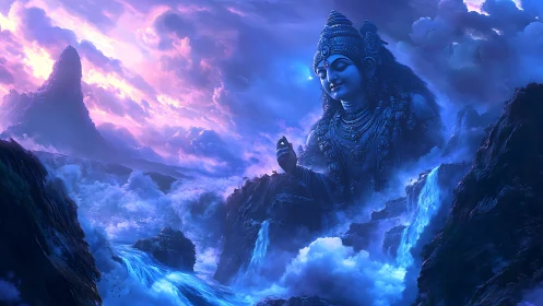 Colossal celestial deity rises above storm-lashed waterfalls