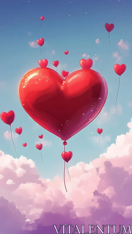 Floating Hearts in Sky. Surreal Love Illustration.