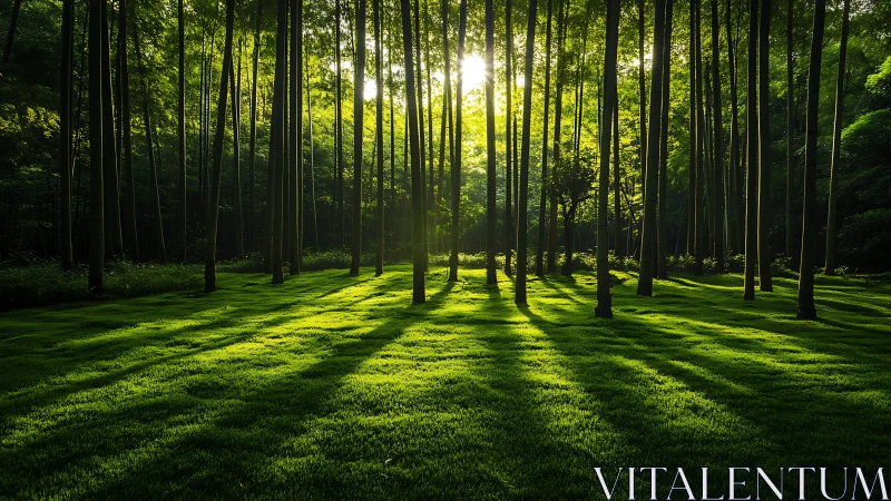Vertical timber structure through radiating luminescence patterns.