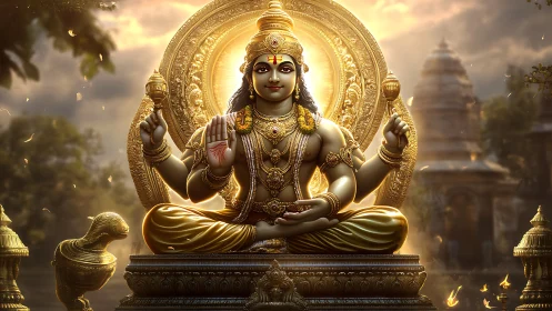 Golden seated deity statue radiates light in temple setting