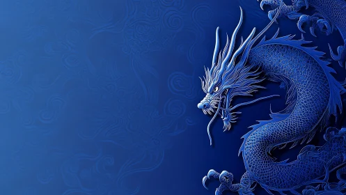 Blue eastern dragon illustration on patterned background.
