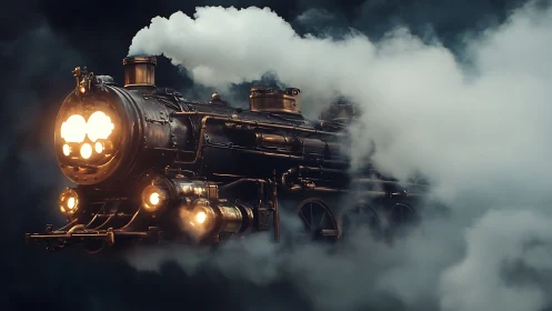 Steam phantom locomotive glows through midnight fog banks.