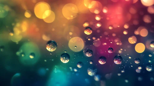 Photorealistic macro droplets on prismatic bokeh gradient field.