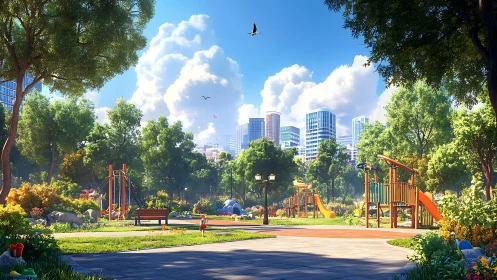 Sunlit city playground glows as a green escape for families