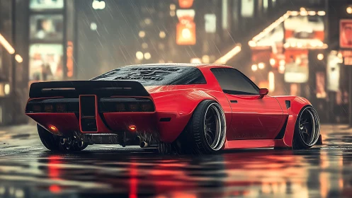 Retro widebody street machine in rainy neon boulevard environment.