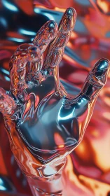 Chromed liquid hand sculpture in vibrant bokeh lighting field
