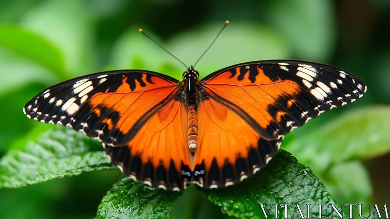 Ember-winged butterfly resting on dewy jungle leaves.