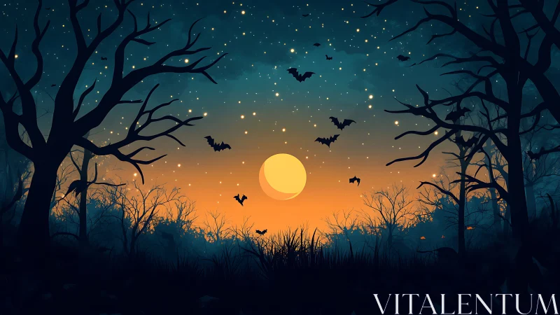 Moonlit bat ballet over a whispering twilight forest sky.