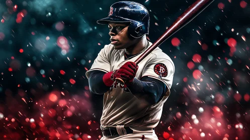 Baseball batter in uniform holding bat against abstract lights.