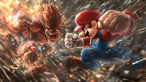 Mario charges forward to punch a flaming beast head on