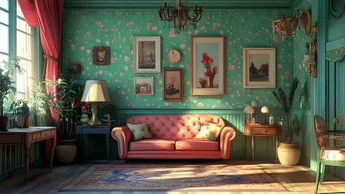 Sunlit vintage living room wraps a pink sofa in cozy charm