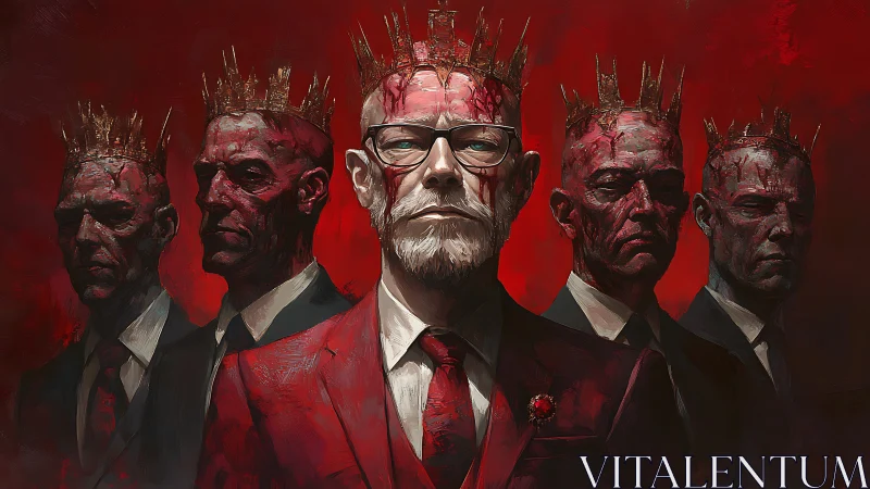Bloodcrowned executives in red-lit boardroom apocalypse.