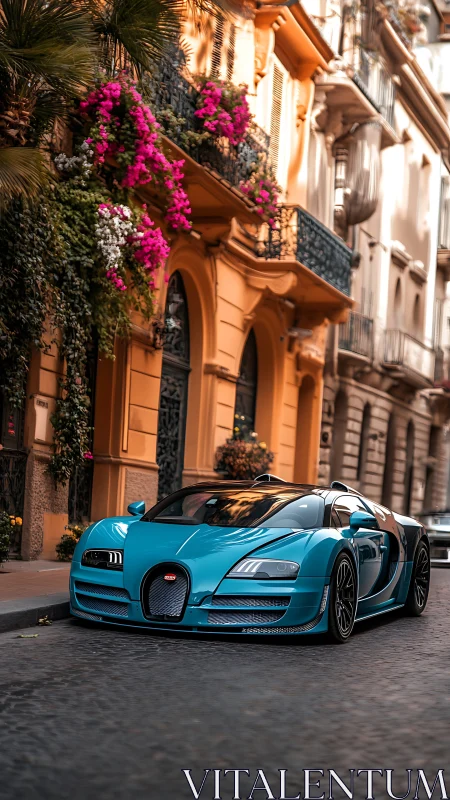 Turquoise hypercar lounges beneath balconies and blooms
