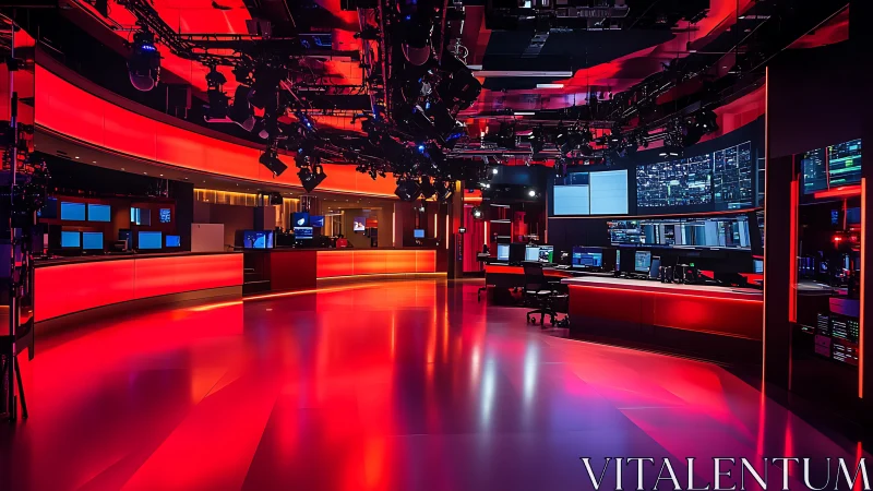Modern broadcast newsroom with red illuminated workstations.