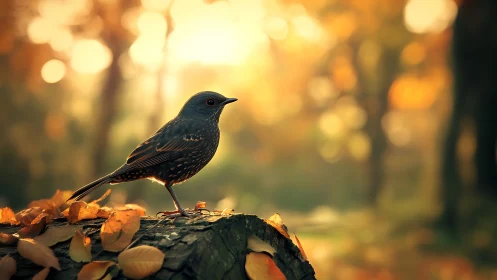 Autumn woodland bird on log in soft golden sunlight, nature photography.