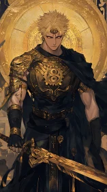 Golden armored warrior before circular radiant emblem.