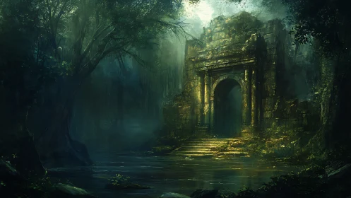 Ancient jungle gate looms over a misty, enchanted river path