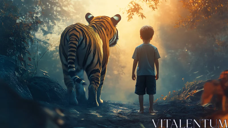 Boy and tiger walking along forest path in soft backlight.