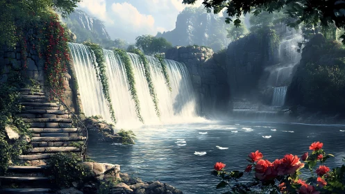 Sunlit stone terrace opens onto tranquil fantasy waterfalls