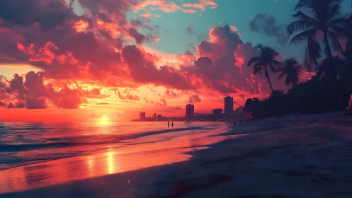 Neon dusk tide kissing a palm-shadowed city shoreline.