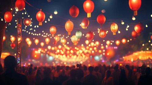 Lantern festival crowd under glowing bokeh night sky.