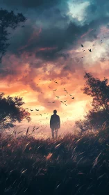 Silhouette stands in tall grass under dramatic sunset sky