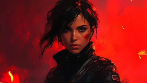 Battle-worn female soldier portrait amid fiery red smoke