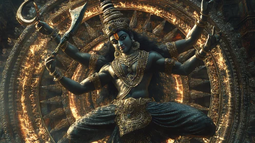 Cosmic dancer spirals through molten halo of sacred fire.