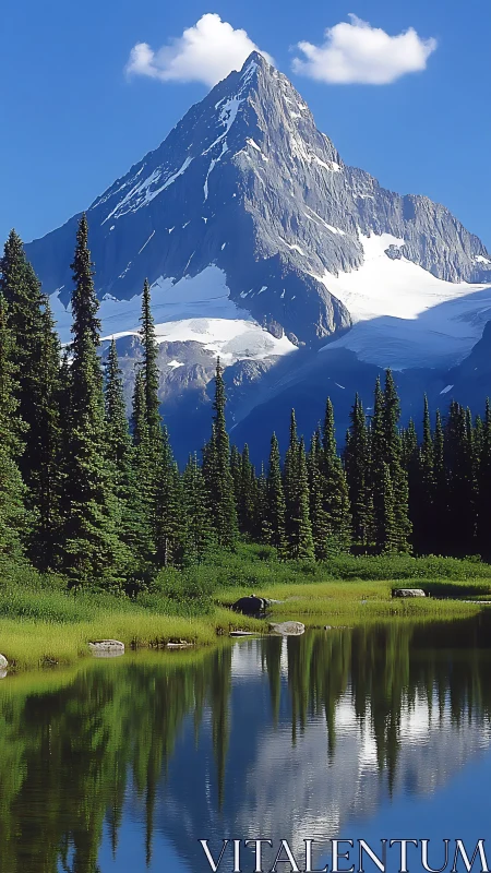 Snowcapped peak rises above pine forest and mirror lake