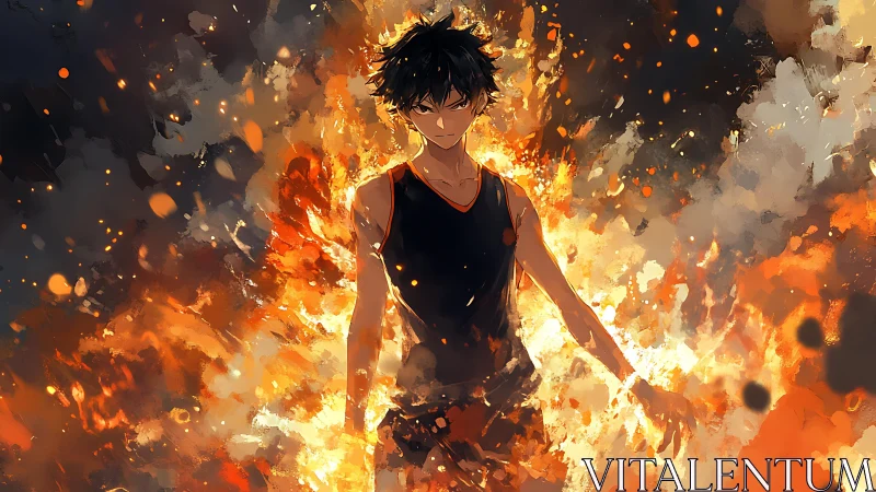 Male anime figure standing amid dense surrounding flames.