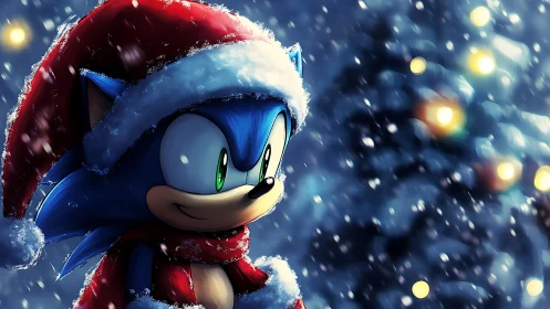Blue cartoon hedgehog in Santa outfit amid glowing snowfall