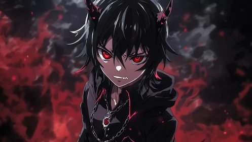 Fierce demon boy meets swirling red flames in a bold stare