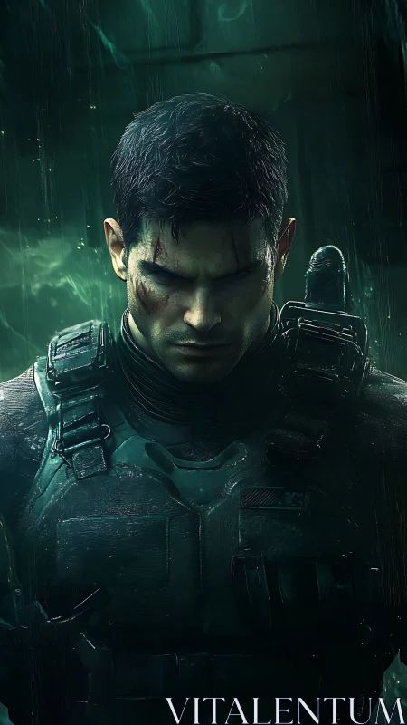 Armored male figure stands in rain with lowered gaze