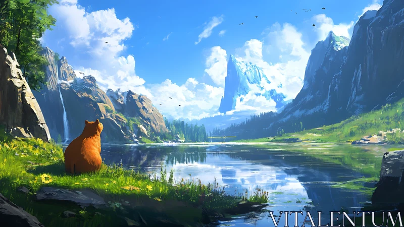 Patient orange bear admiring a cathedral of mountain sky.