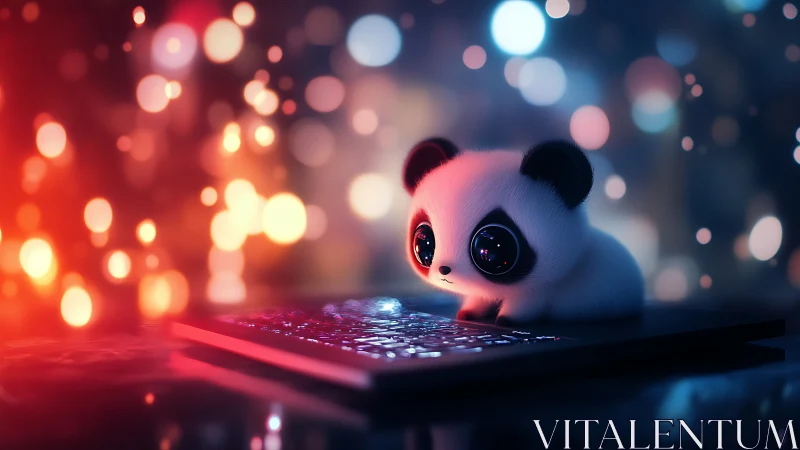Curious baby panda glowing beside a dreamy neon laptop.