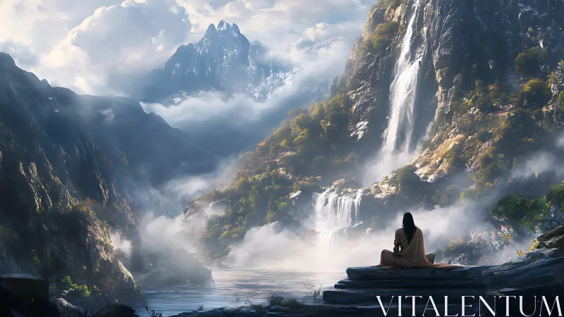 Digital painting of serene mountain cascades and lone figure.