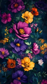 Vibrant floral composition with blooming flowers on dark textured background.