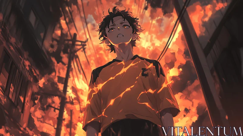 Fiery sky engulfs determined youth in glowing alleyway.