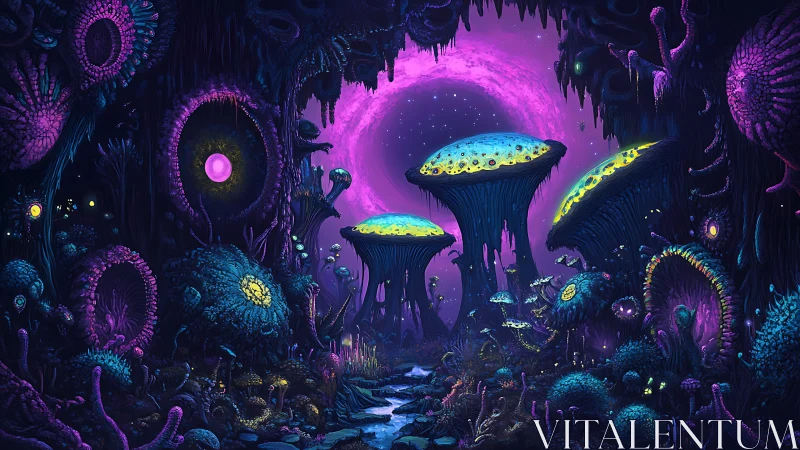 Bioluminescent alien forest with luminous fungal megastructures
