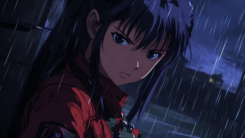 Stoic anime heroine under neon rain with cinematic lighting.
