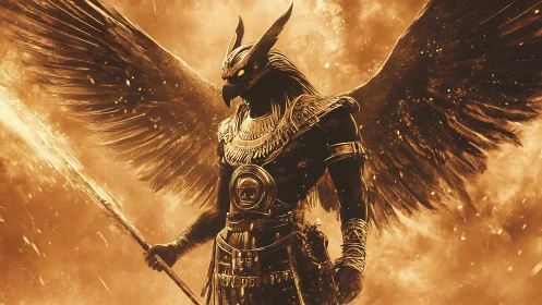 Winged Egyptian hawk warrior god in fiery golden sky.